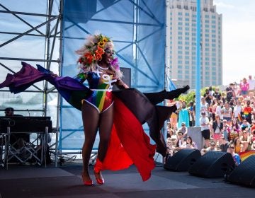 Vincint performs for a Pride Day crowd gathered at Penn's Landing on Sunday, June 9, 2019. (Kriston Jae Bethel for WHYY)