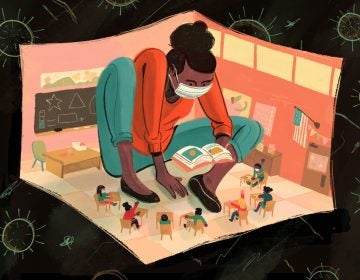 An illustration of a teacher wearing a mask inside a classroom, wherein the teacher is jumbo-size but the students and classroom are small