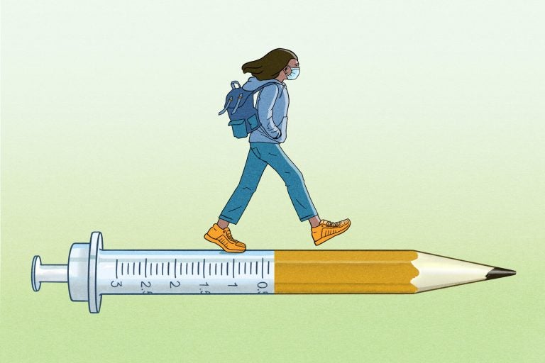 An illustration of a person wearing a face mask walking on a combination of a syringe and a pencil.