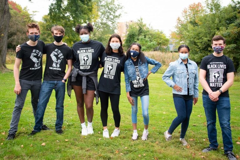 Springfield Township High School students, Paris Thompson (third from left), Gabrielle Greene (third from right) and Candace Harrison (second from right), along with other members of the Cheltenham Branch NAACP Youth Leadership Committee attend a Breonna Taylor rally. (Courtesy of Liza Meiris)