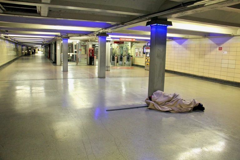 Philadelphia cleared out a homeless encampment at the 12th/13th Street PATCO station on May, 5, 2021. By the afternoon, at least one occupant had returned. (Emma Lee/WHYY)
