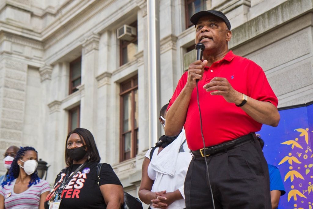 Jerry Jordan, president of the Philadelphia Federation of Teachers, spoke of education woes like toxic school buildings and overcrowding at a vigil for George Floyd on the one-year anniversary of his death outside Philadelphia’s City Hall on May 25, 2021. (Kimberly Paynter/WHYY)