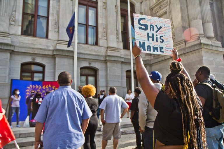 The Philadelphia Labor for Black Lives Coalition held a vigil for George Floyd on the one-year anniversary of his death at City Hall on May 25, 2021. (Kimberly Paynter/WHYY)