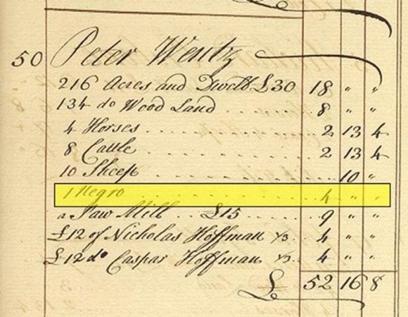A tax assessment from 1767 shows Peter Wentz owned one slave. (Accessible Archives)