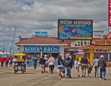 Morey’s Pier on the Wildwood Boardwalk advertises $15 an hour jobs on May 31, 2021, Memorial Day. (Kimberly Paynter/WHYY)