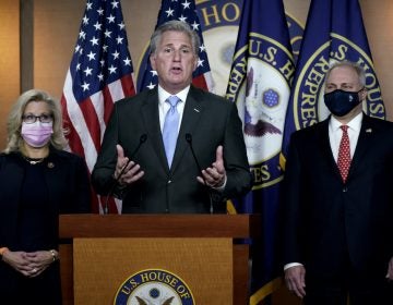 House Minority Leader Kevin McCarthy, R-Calif., center, flanked by GOP Conference chair Rep. Liz Cheney, R-Wyo., left, and House Minority Whip Steve Scalise, R-La., right, speaks to reporters 
following their leadership elections for the 117th Congress, at the Capitol in Washington, Tuesday, Nov. 17, 2020.  (AP Photo/J. Scott Applewhite)