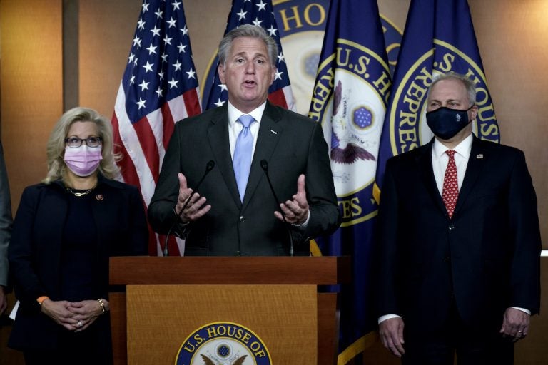 House Minority Leader Kevin McCarthy, R-Calif., center, flanked by GOP Conference chair Rep. Liz Cheney, R-Wyo., left, and House Minority Whip Steve Scalise, R-La., right, speaks to reporters 
following their leadership elections for the 117th Congress, at the Capitol in Washington, Tuesday, Nov. 17, 2020.  (AP Photo/J. Scott Applewhite)