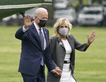 President Joe Biden and first lady Jill Biden wave after stepping off Marine One on the Ellipse near the White House, Monday, May 3, 2021, in Washington. The Biden's traveled Monday to coastal Virginia to promote his plans to increase spending on education and children, part of his $1.8 trillion families proposal announced last week.