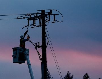 A utility crew member works the lines against a cotton candy sky