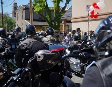 Riders from the Black Bikers Vote rally prepare to start the route in West Philadelphia on May 1, 2021. (Kenny Cooper/WHYY) 