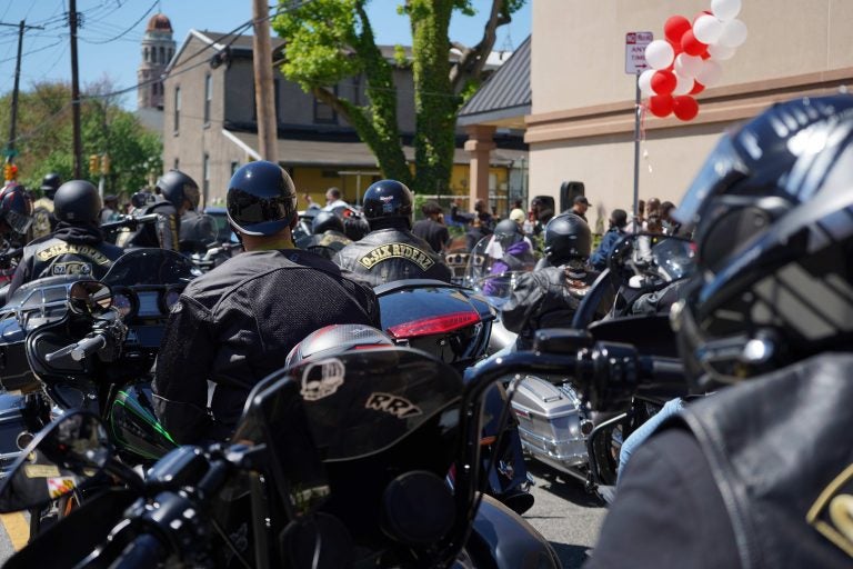 Riders from the Black Bikers Vote rally prepare to start the route in West Philadelphia on May 1, 2021. (Kenny Cooper/WHYY) 