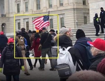 In this screengrab posted by an online account that's been identifying people present at the U.S. Capitol on Jan. 6, state Sen. Doug Mastriano (R-Adams), highlighted in a yellow box, appears to walk with a group of demonstrators parallel to the east steps of the Capitol building. (Screenshot)