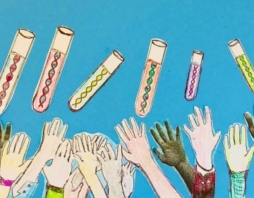 Illustration of peoples hands reaching up for vials of DNA