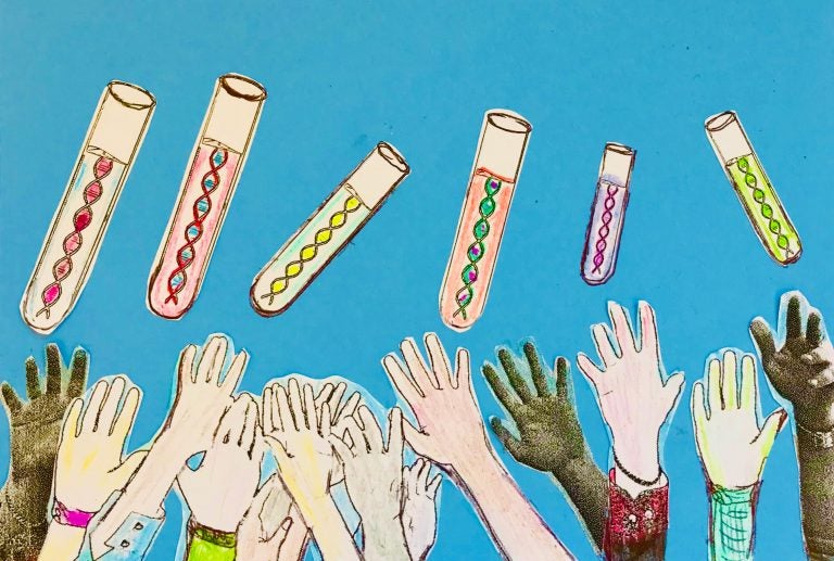 Illustration of peoples hands reaching up for vials of DNA