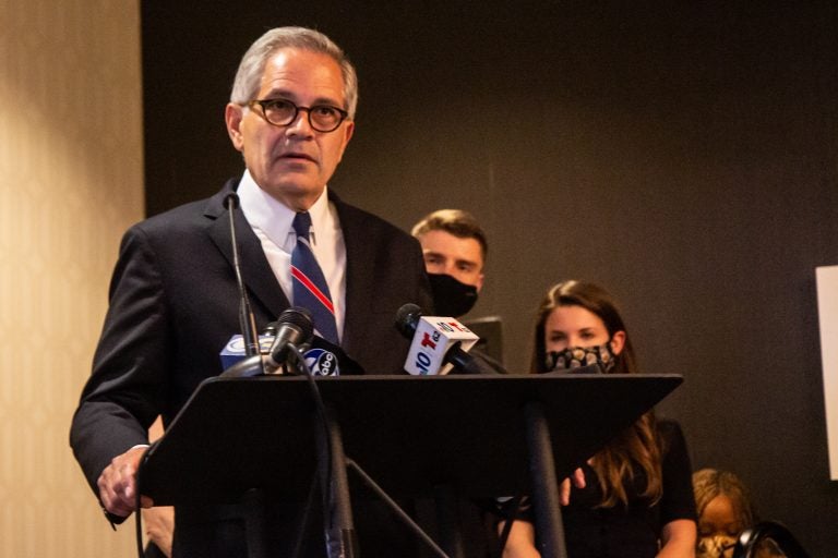 Philadelphia District Attorney Larry Krasner declares victory in the race against Carlos Vega at the Sonesta Hotel in Center City Philadelphia on May 18, 2021. (Kimberly Paynter/WHYY)