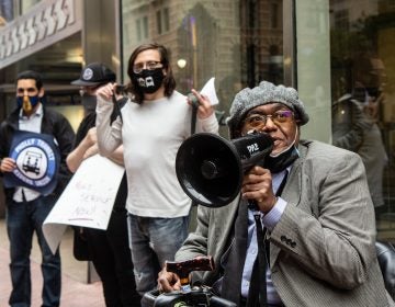 Colmon Holmes, who uses CCT as his main mode of transportation, said he was concerned about the cleanliness of public transit at a PhillyTRU rally outside SEPTA headquarters on May 24, 2021. (Kimberly Paynter/WHYY)