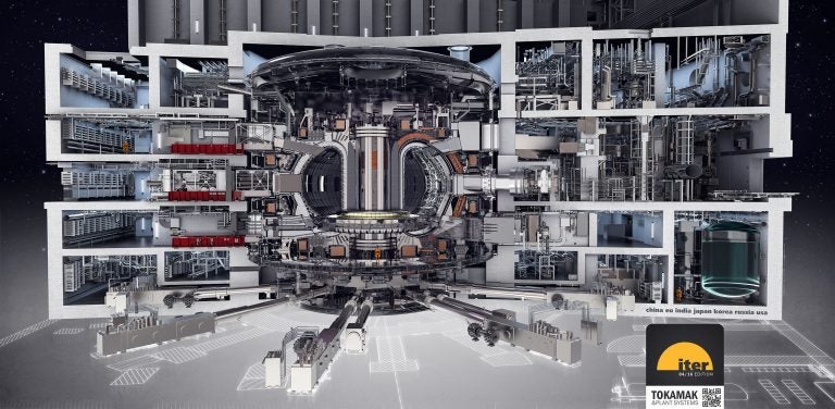 A drawing of the ITER tokamak and integrated plant systems shows the complexity of the ITER facility now under construction in France. (Wikimedia Commons)