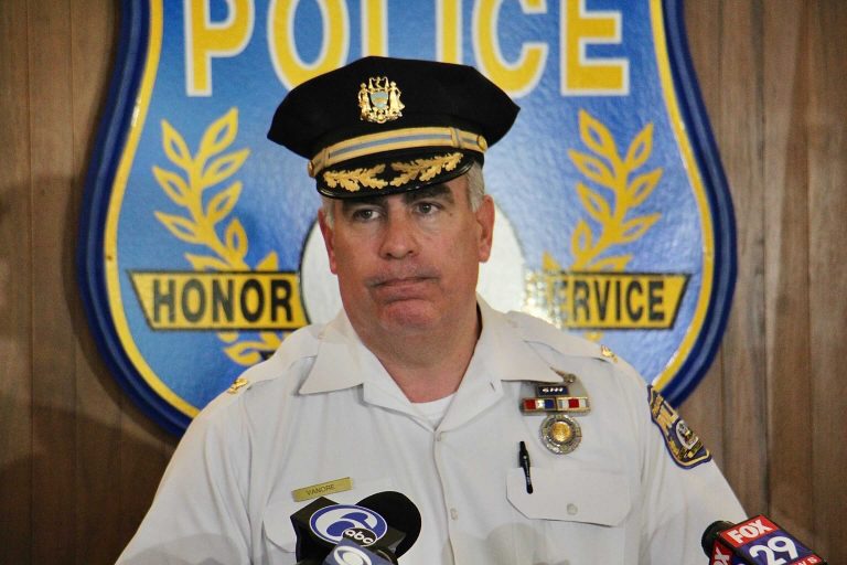 Chief Inspector Frank Vanore lays out the details of a violent weekend in Philadelphia. Twenty-five people were shot in 14 separate incidents. Seven of the victims died. (Emma Lee/WHYY)