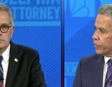 District Attorney Larry Krasner (left) and prosecutor Carlos Vega participated in an hourlong debate co-hosted by NBC10 and KYW on May 5, 2021. (Screenshot via NBC10)