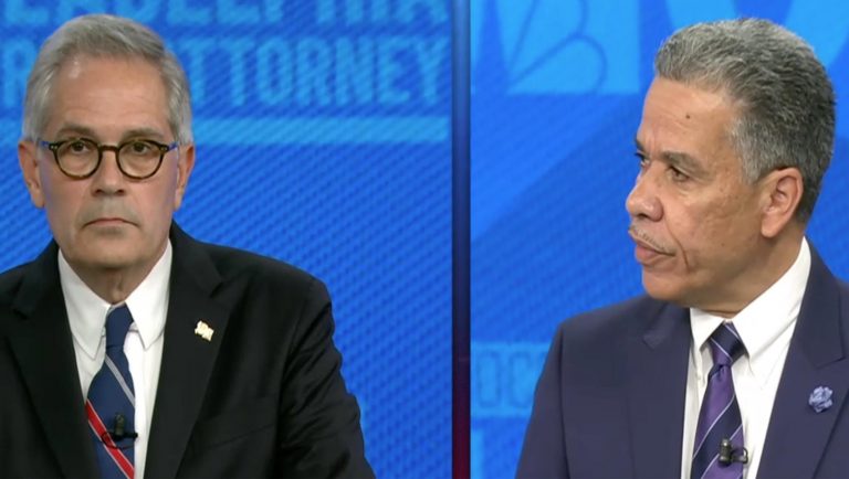 District Attorney Larry Krasner (left) and prosecutor Carlos Vega participated in an hourlong debate co-hosted by NBC10 and KYW on May 5, 2021. (Screenshot via NBC10)