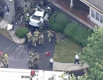 A car crashed into the Langhorne Gardens Health & Rehabilitation Center in Bucks County, Pennsylvania. (Screenshot via 6ABC)