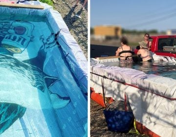 The Miller Lite Eagles billboard makes the base of the pop-up 'barrier pool' COURTESY JUSTYN MYERS