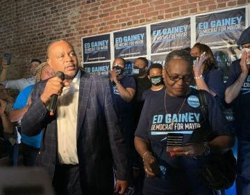 Ed Gainey giving his victory speech, after beating incumbent Bill Peduto in the Democratic primary for Pittsburgh mayor. (An-Li Herring/WESA)