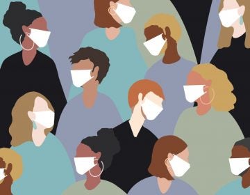 An illustration of many people wearing face masks