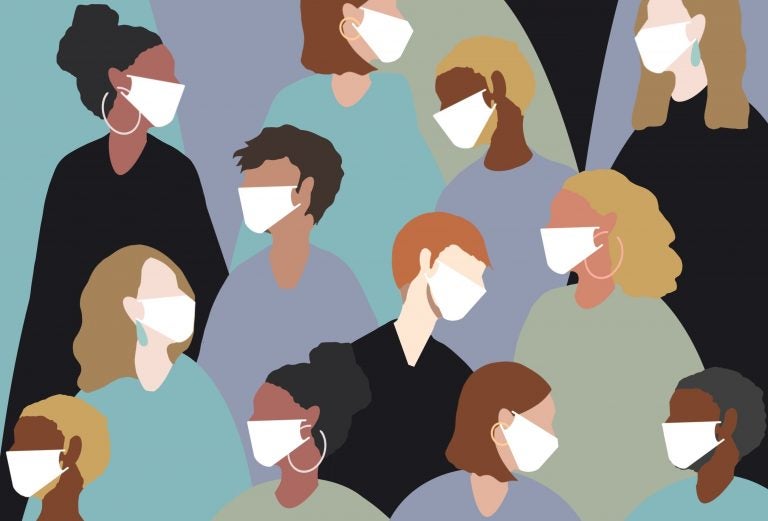 An illustration of many people wearing face masks
