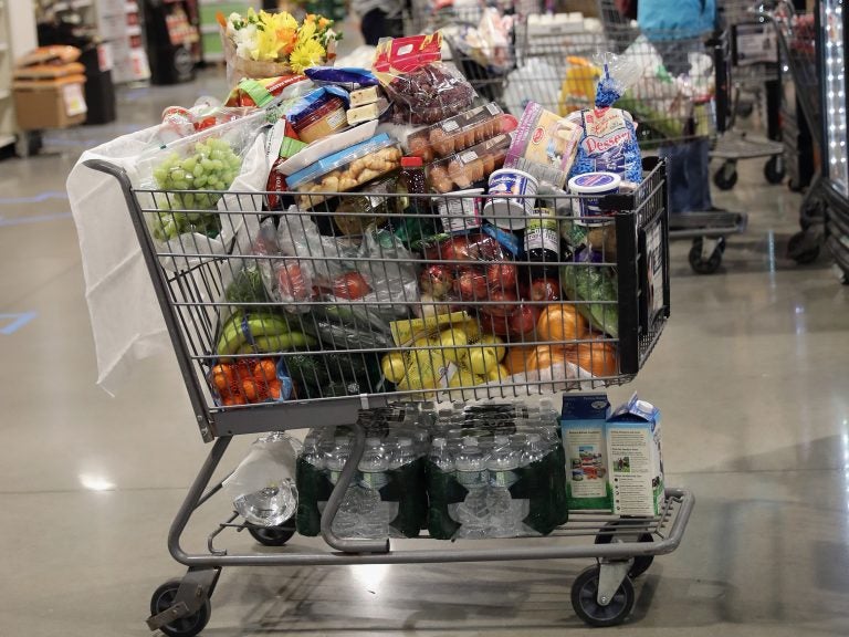 A shopper's full cart on line at the ShopRite