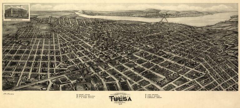 Artist Paul Rucker is creating a new multimedia work to commemorate the 100th anniversary of the Tulsa Race Massacre. That's when a thriving African American community was destroyed in a horrific act of violence that wiped out hundreds of Black-owned businesses and homes. Above, an aerial view of Tulsa, Okla., Fowler & Kelly, 1918. (GHI/Universal History Archive/Universal Images Group via Getty Images)