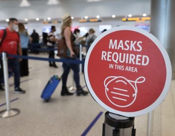 People wait in line at an airport, with a 