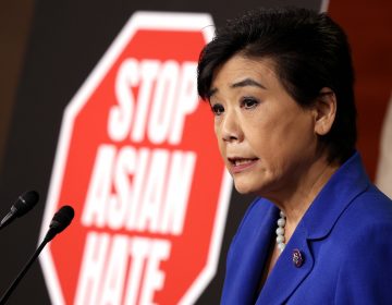 Rep. Judy Chu, D-Calif., is seen speaking on the COVID-19 Hate Crimes Act ahead of its passage at the U.S. Capitol on Tuesday. (Kevin Dietsch/Getty Images)