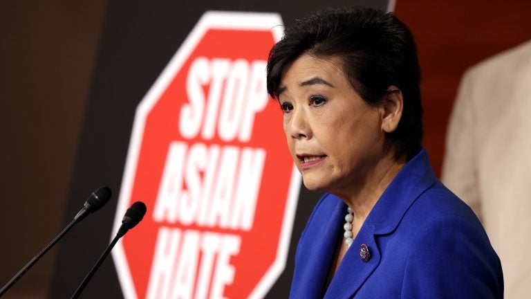 Rep. Judy Chu, D-Calif., is seen speaking on the COVID-19 Hate Crimes Act ahead of its passage at the U.S. Capitol on Tuesday. (Kevin Dietsch/Getty Images)