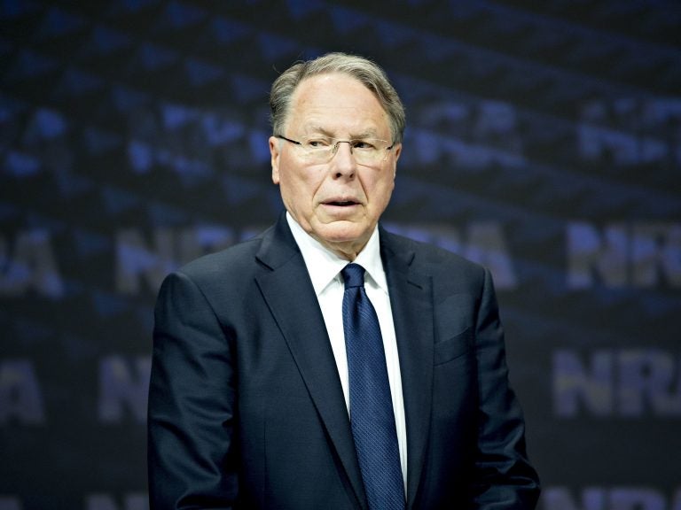 Wayne LaPierre, chief executive officer of the National Rifle Association, stands on stage after arriving at the NRA annual meeting in Dallas on May 5, 2018. (Daniel Acker/Bloomberg via Getty Images)