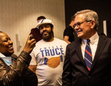 Philadelphia District Attorney Larry Krasner celebrates with supporters at his victory party. (Kimberly Paynter/WHYY)