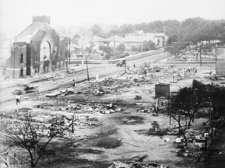 Destroyed buildings are pictured after a massive fire during the Tulsa Race Massacre