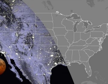 This map shows the visibility of the total lunar eclipse in the contiguous U.S. at 7:11 a.m. Eastern time this Wednesday. The total lunar eclipse will be visible everywhere in the Pacific and Mountain time zones, as well as in Texas, Oklahoma, western Kansas, Hawaii and Alaska. (NASA)