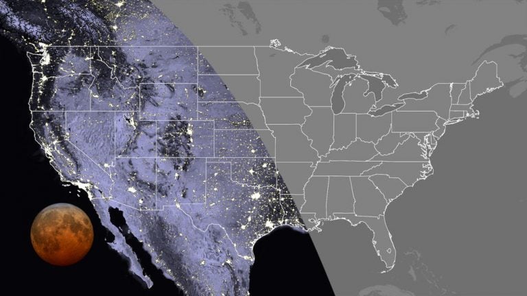 This map shows the visibility of the total lunar eclipse in the contiguous U.S. at 7:11 a.m. Eastern time this Wednesday. The total lunar eclipse will be visible everywhere in the Pacific and Mountain time zones, as well as in Texas, Oklahoma, western Kansas, Hawaii and Alaska. (NASA)
