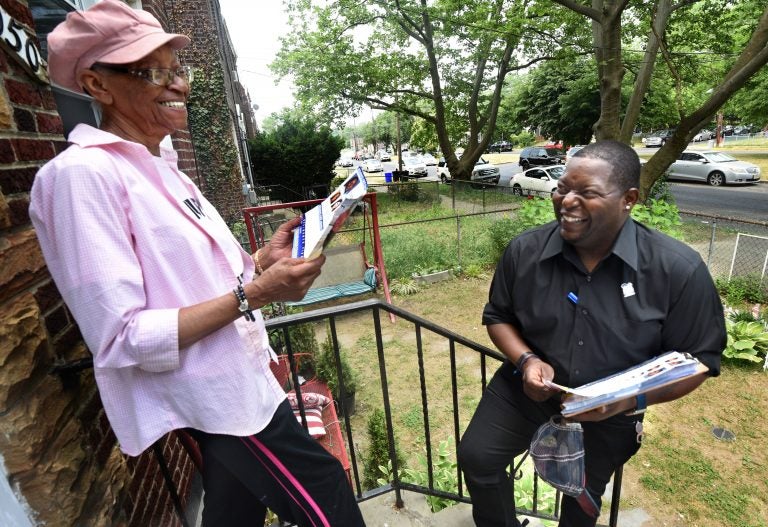 On May 25, Camden mayoral candidate Elton Custis explains his candidacy to resident Betty Sharp in the Yorkship neighborhood of the city. After speaking to Custis, Clark, a retired social worker, said, 