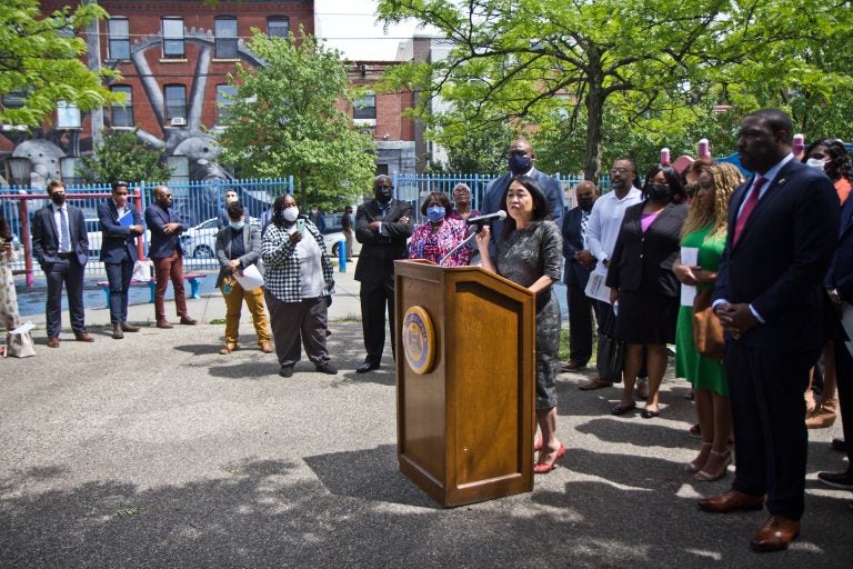 Philadelphia city councilmember and Chair of the Children and Youth Committee Helen Gym joined city leaders in asking for at least 50 million dollars in the city budget to keep recreational centers open later and provide counseling and jobs for young people as part of the Youth Powered Anti-Violence Agenda, announced at a press conference at Hawthorne Recreation Center in South Philadelphia on June 1, 2021. (Kimberly Paynter/WHYY)