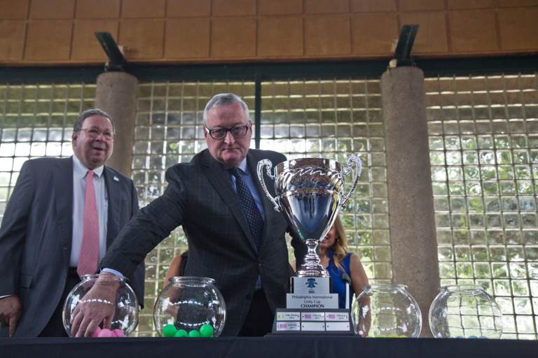 Philadelphia Mayor Jim Kenney was the first to draw teams on June 22, 2021, at the annual bracket determination draw for the International Unity Cup soccer tournament taking place in Philadelphia in fall 2021. (Kimberly Paynter/WHYY)