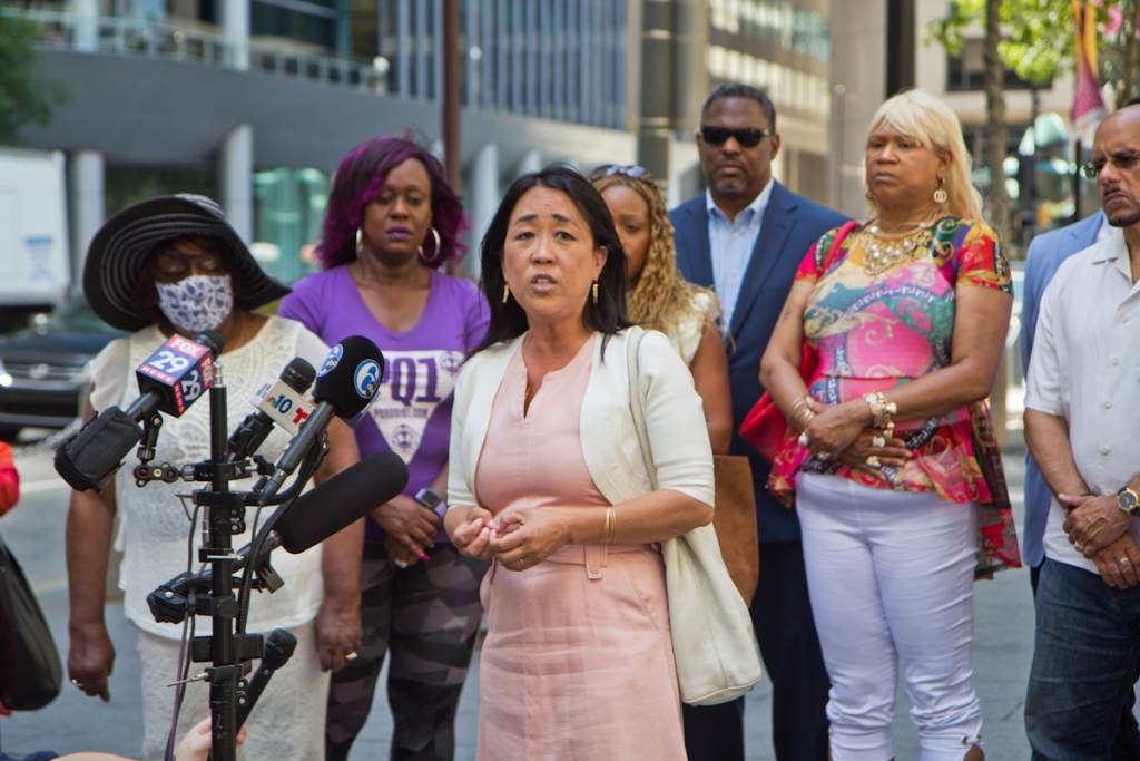 Councilmember at-Large Helen Gym addresses the media at a press conference