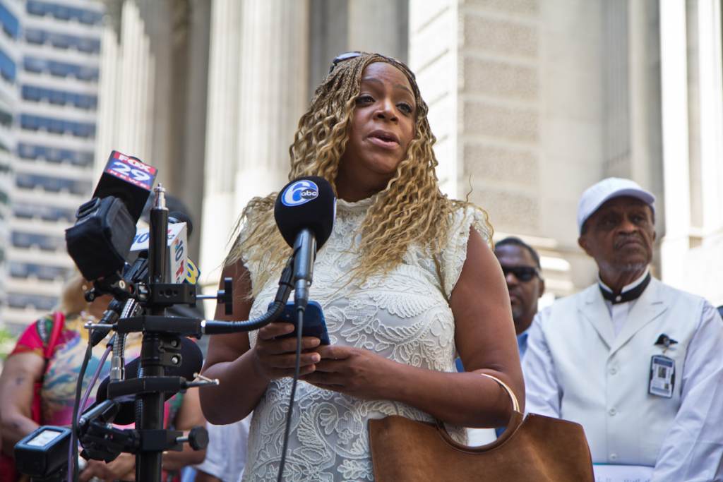 Councilmember Jamie Gauthier addresses the media at a press conference