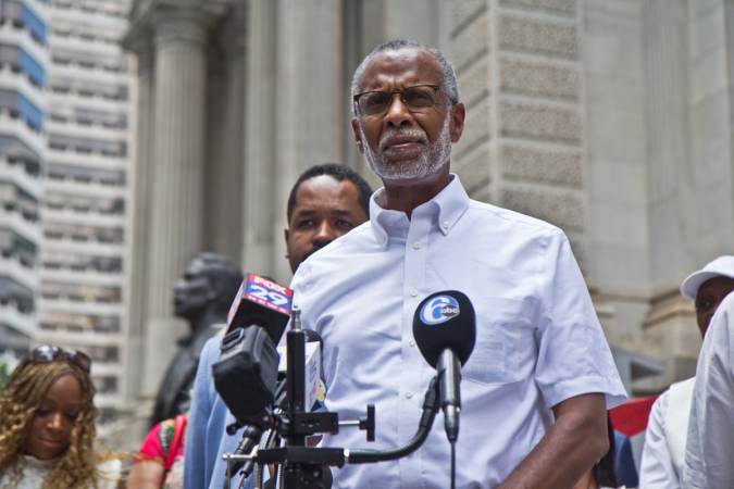 State Sen. Art Haywood addresses the media at a press conference