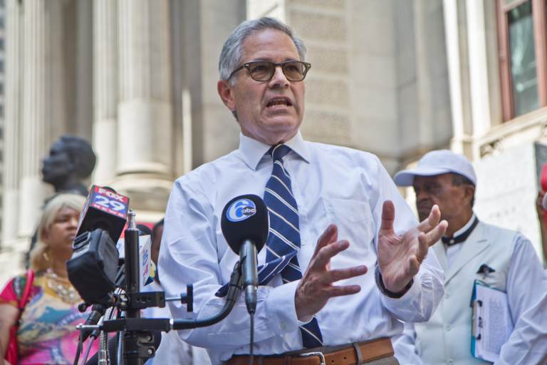 Philadelphia District Attorney Larry Krasner addresses the media at a press conference