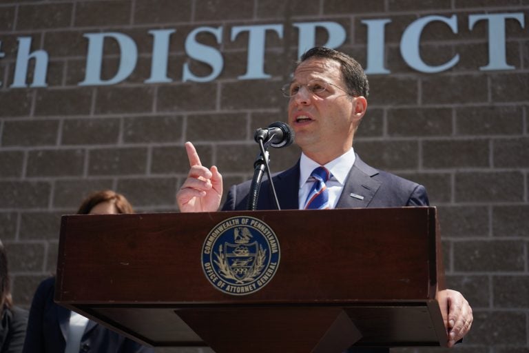 Pennsylvania Attorney General Josh Shapiro speaks from behind a podium