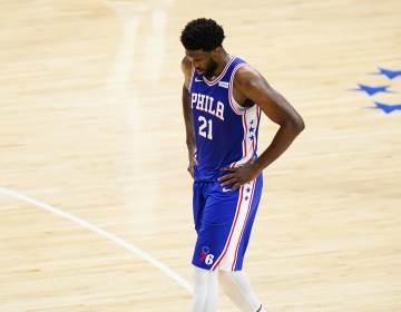 Philadelphia 76ers' Joel Embiid plays during Game 5 in a second-round NBA basketball playoff series against the Atlanta Hawks, Wednesday, June 16, 2021, in Philadelphia. (AP Photo/Matt Slocum)