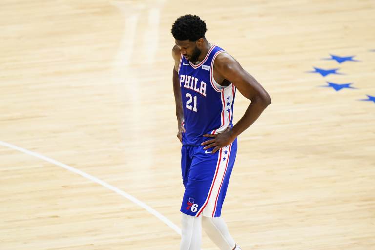 Philadelphia 76ers' Joel Embiid plays during Game 5 in a second-round NBA basketball playoff series against the Atlanta Hawks, Wednesday, June 16, 2021, in Philadelphia. (AP Photo/Matt Slocum)