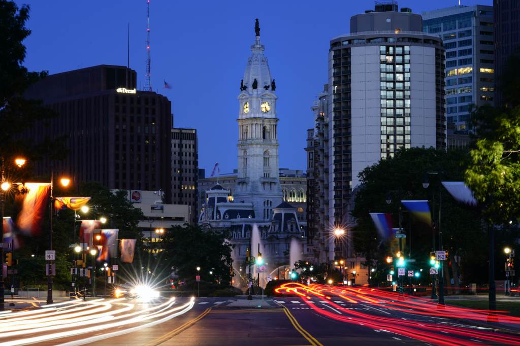 City Hall is pictured at night in slow-shutter speed